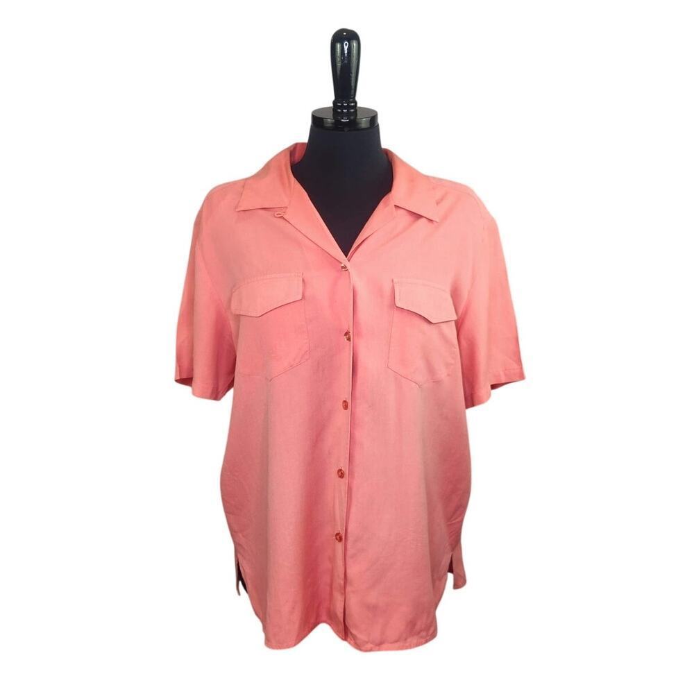 Anna And Frank 100% Silk Button Down Top Short Sleeve Blouse Salmon XL
